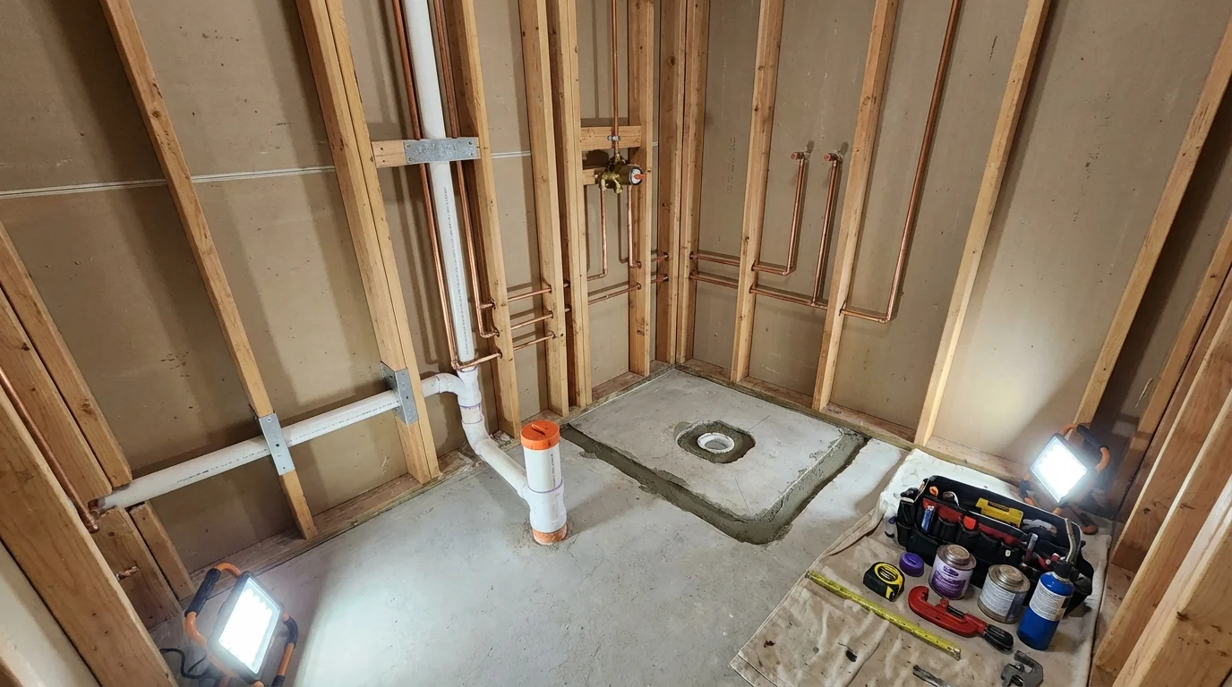 Bathroom rough-in plumbing during remodel by Johns Plumbing LLC in Hardin