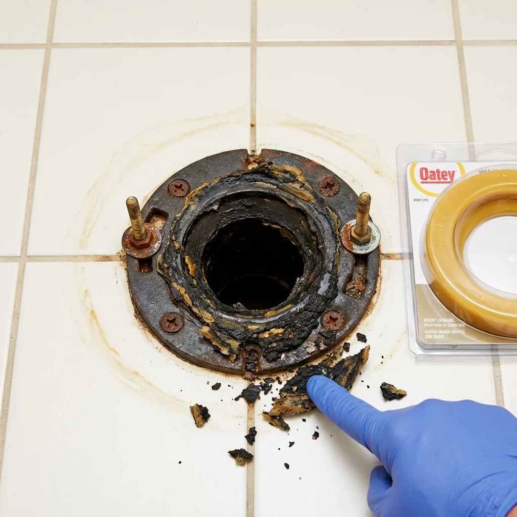 Failed wax ring showing water seepage at the base of a toilet in a Hardin, MT home