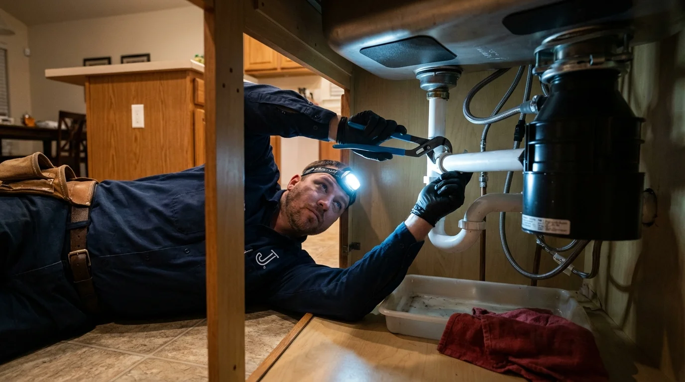 P-trap and supply line connections under a kitchen sink showing a common leak point in Hardin, MT